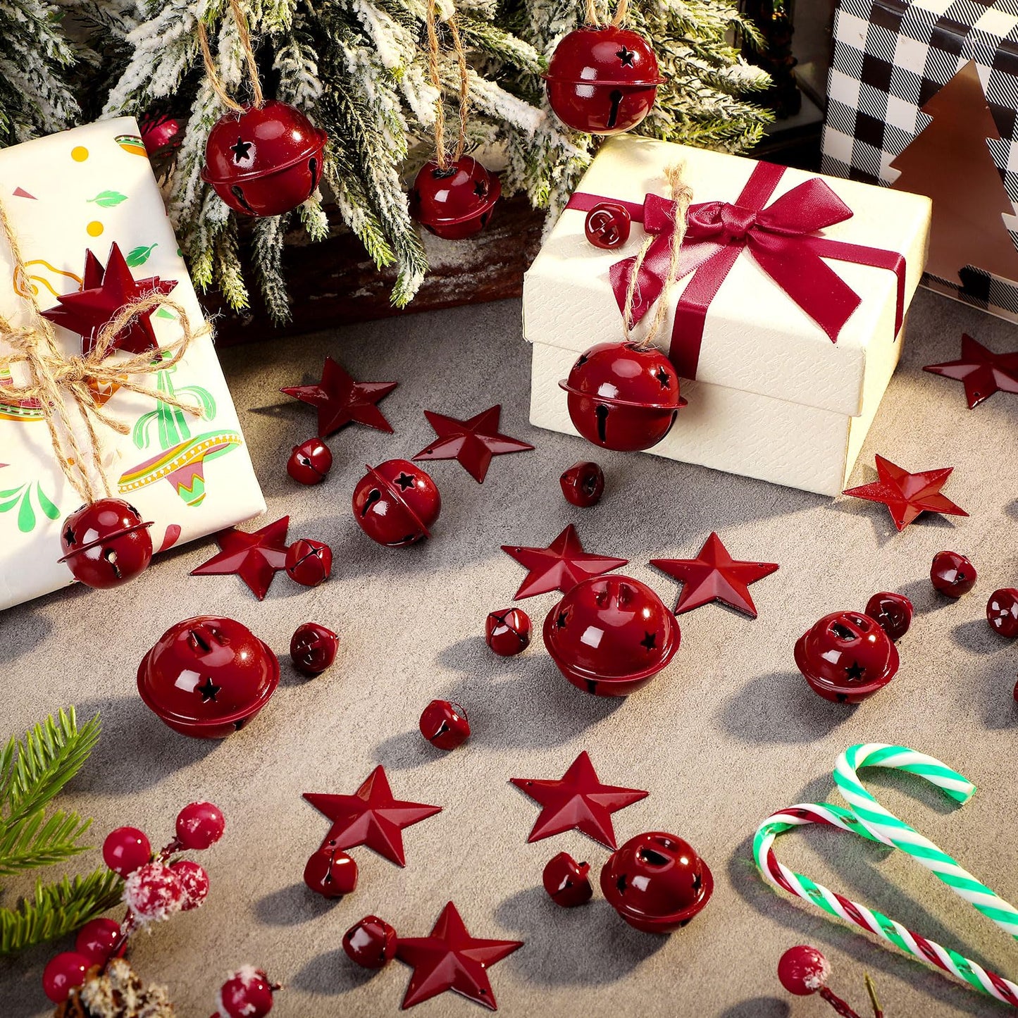 Dilunave 140 Pieces Rustic Christmas Bell Set, Includes 100 Small Rustic Jingle 20 Star Cutout Bells 20 Metal Star Hanging Ornament for Christmas Tree Home Decor DIY Craft(Dark Red)