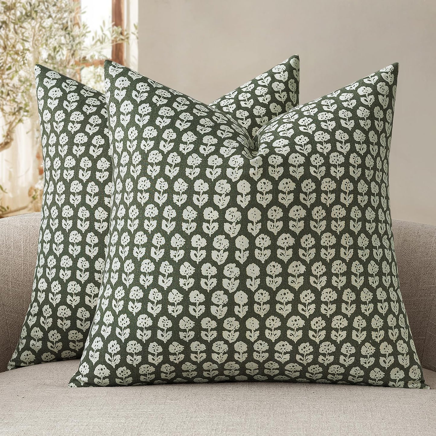 MIULEE Winter Block Print Pillow Covers 18x18 Inch Set of 2, Christmas Vintage Floral Throw Pillow Cases Neutral Linen Farmhouse Cushion Covers for Couch Sofa Bed Chair Living Room, Army Green