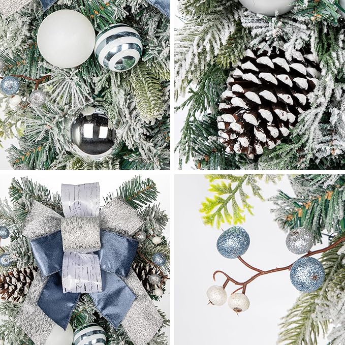 30" Christmas Teardrop Swag for Front Door Artificial Winter Swag Garland with Pine Cones, Berry Clusters, Blue Ball Ornaments and Ribbons for Thanksgiving Holiday Christmas Decoration