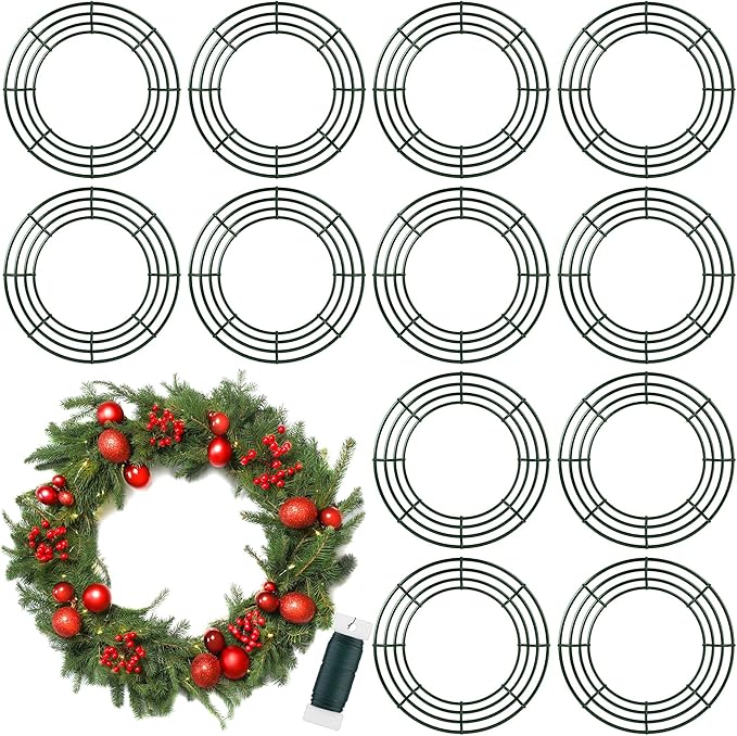Fovths 12 Pack Christmas Wire Wreath Ring 16 Inches Metal Wire Wreath Frame with Floral Wires Green DIY Floral Crafts for Xmas Halloween New Year Holiday Valentines Day Decor