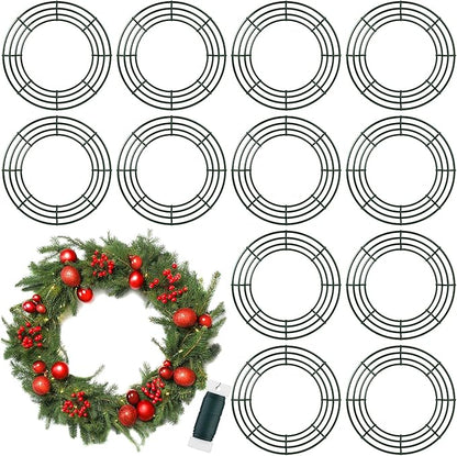 Fovths 12 Pack Christmas Wire Wreath Ring 16 Inches Metal Wire Wreath Frame with Floral Wires Green DIY Floral Crafts for Xmas Halloween New Year Holiday Valentines Day Decor