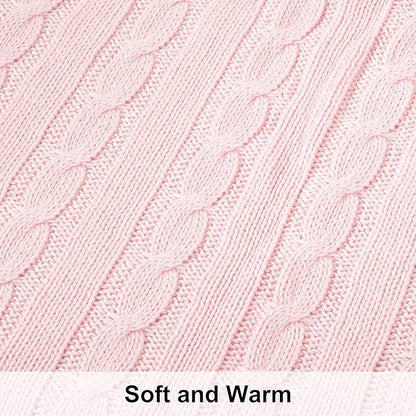 NTBAY 100% Pure Cotton Oversize (60x80) Cable Knit Throw Blanket, Super Soft Warm Knitted Throw Blanket for Bed, Sofa, Chair, Couch - Extra Cozy, Machine Washable, Comfortable Home Decor, Baby Pink