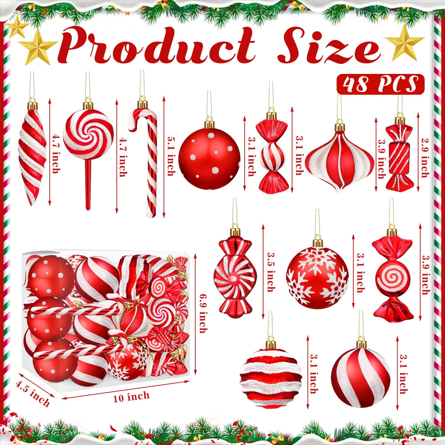 Christmas Ornaments Candy Lollipop Set -48Pcs for Xmas Tree Decoration Hanging Plastic Gloss Candy Canes Ball Pendants for New Year Home Decor Party Supplies (Red)