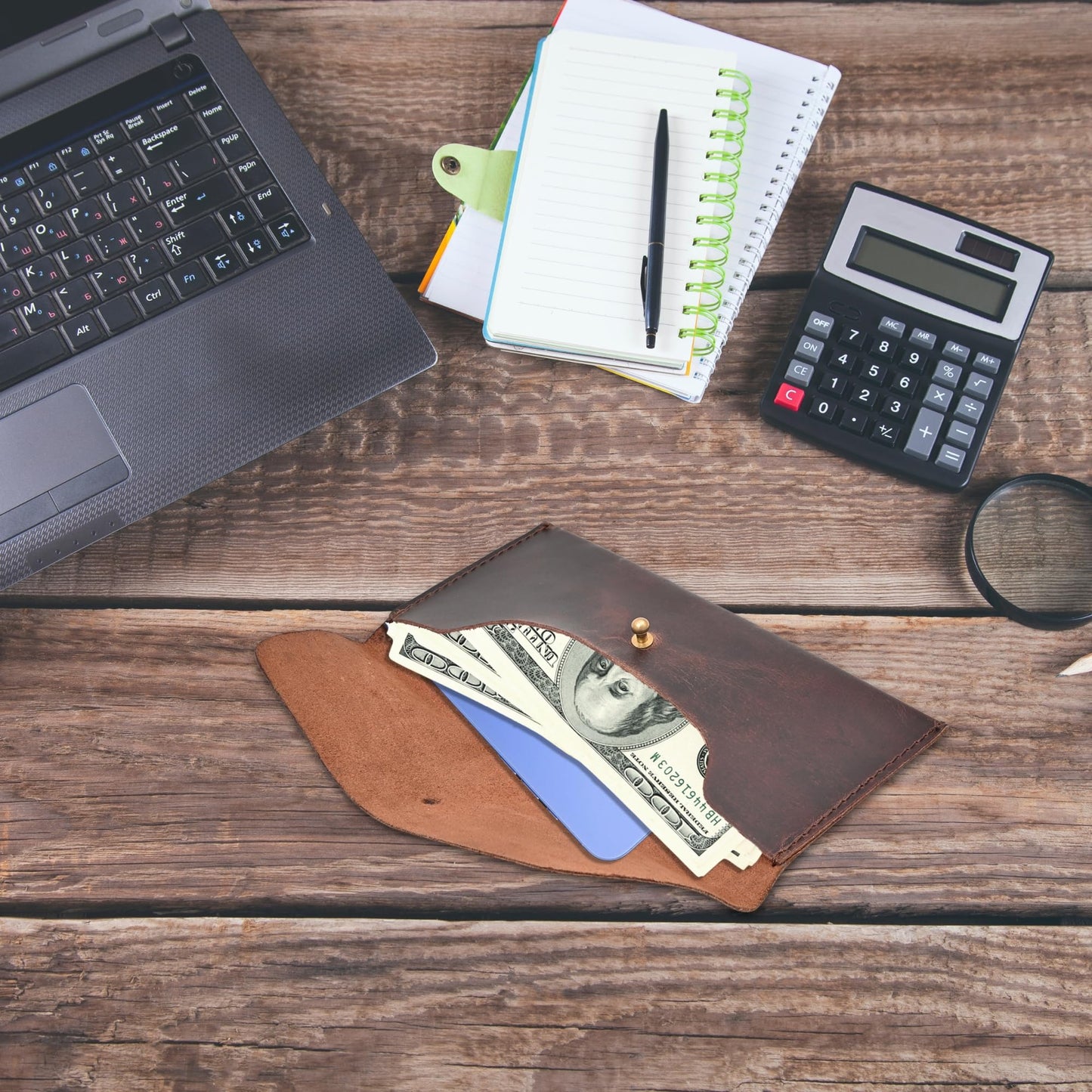 Autentico Leather Money Cash Envelopes Wallet for Men, Money Bag Pouch Reusable Budget Envelope, Retro Clutch Wallet, Dark Brown