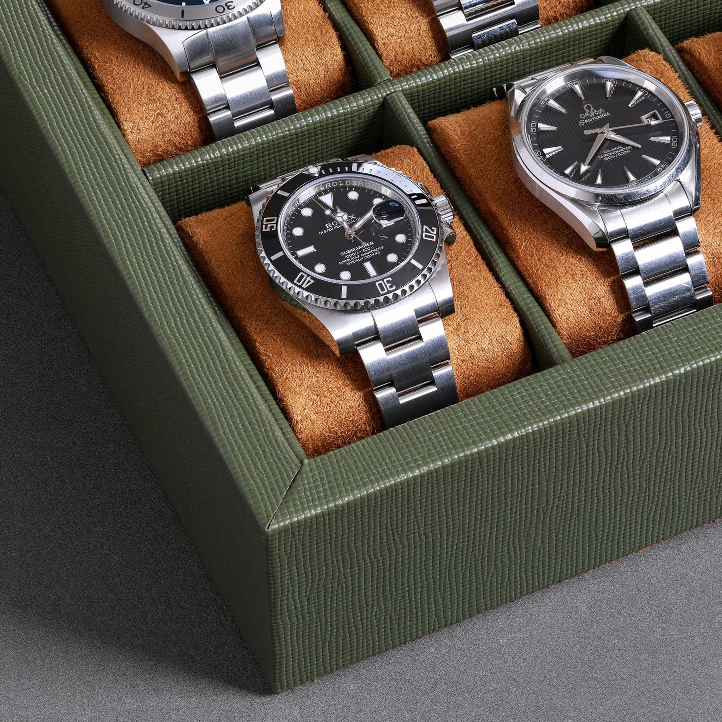 ROTHWELL 10 Slot Leather Watch Box - Luxury Case Display Jewelry Organizer - Locking Watch Display Case Holder with Large Glass Top - Box Organizer for Men and Women (Green/Tan)