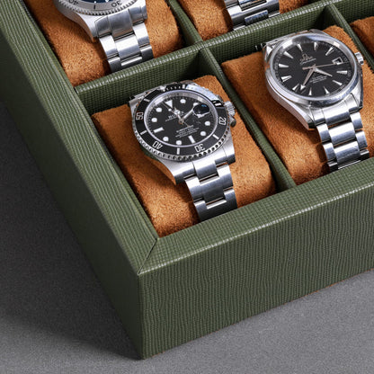 ROTHWELL 10 Slot Leather Watch Box - Luxury Case Display Jewelry Organizer - Locking Watch Display Case Holder with Large Glass Top - Box Organizer for Men and Women (Green/Tan)