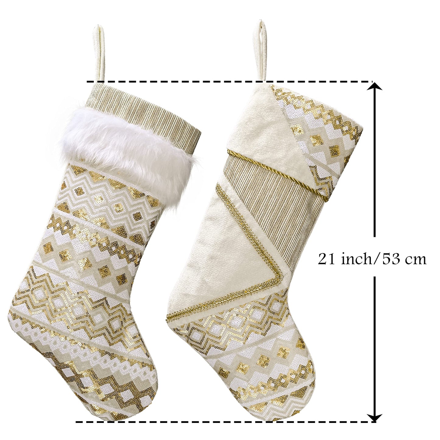 Valery Madelyn Christmas Stockings Decorations, 21 Inch Fabric 2 Pack White Gold Corrugation Exquisite Plush Personalized Fireplace Hanging Ornament for Holiday Xmas Party Decor