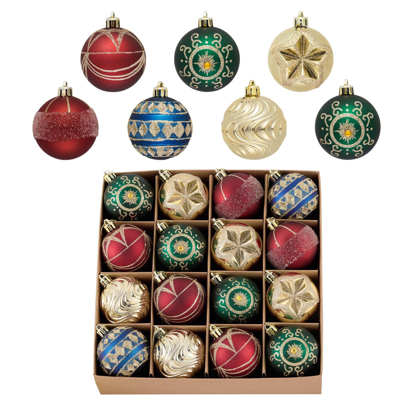 Valery Madelyn Ornaments for Christmas Tree Decorations, 16ct 2.36 Inches Red Green Blue and Gold Shatterproof Christmas Ornaments Set Bulk, Luxury Hanging Decor for Xmas Party Holiday