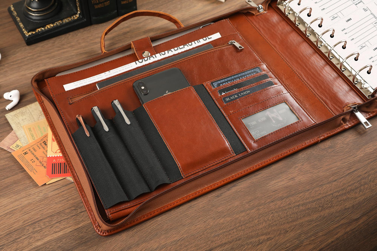 Handmade Leather Business Checkbook Binder - 7 Ring Check Binder with Handle, Check Holder Checkbooks for Business Checks for 3 Per Page 600 Checks Capacity for 9 x 13 inch Sheets, Oil Brown