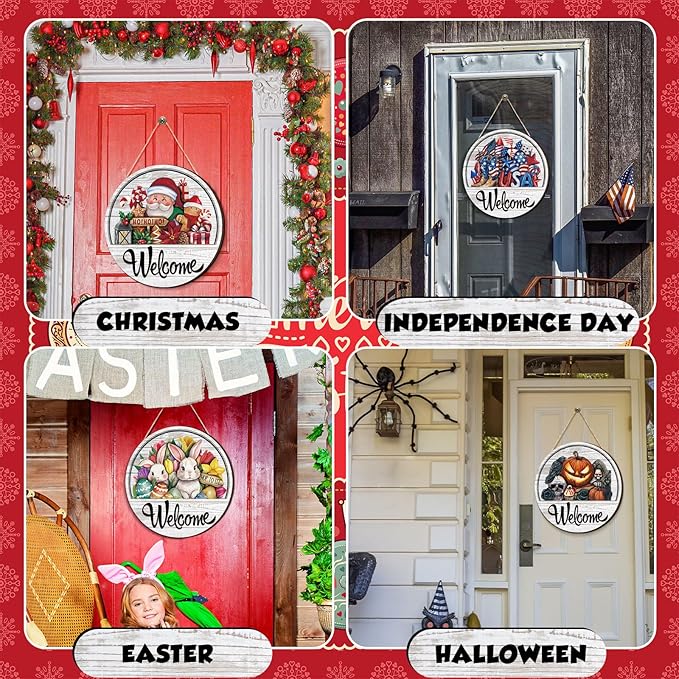Yousoontic 17 Pcs 12 Inch Magnetic Welcome Door Sign Interchangeable Front Door Decor Rustic Fall Seasonal Hanging Sign Halloween Christmas Decor for Home Warming Gift(Classic Color,Welcome)