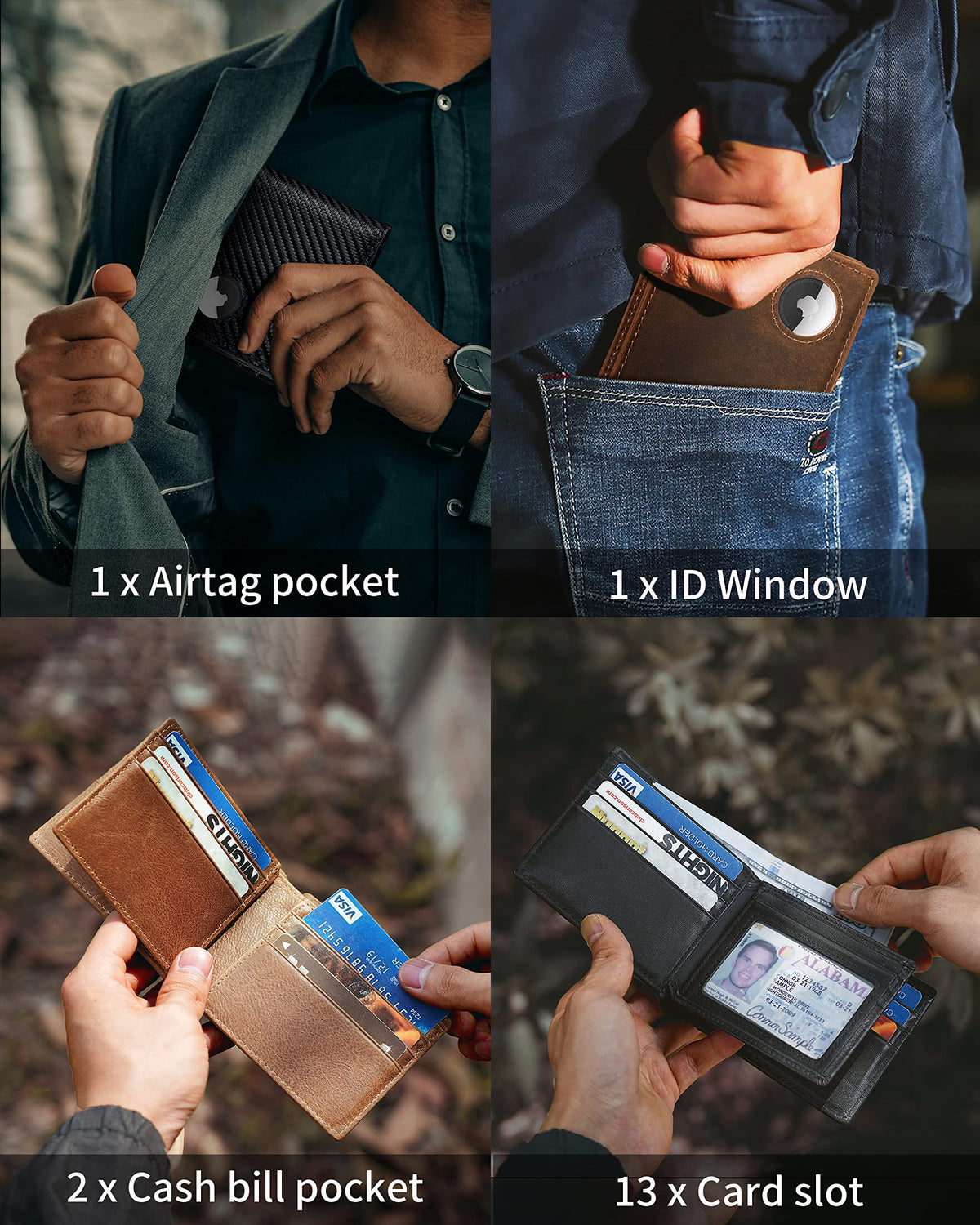 Mens Wallet With AirTag Holder, Bifold Leather RFID Blocking 1 ID Windows 13 Card Holders, Gift Box and Screen Protector Included, AirTag Not Included