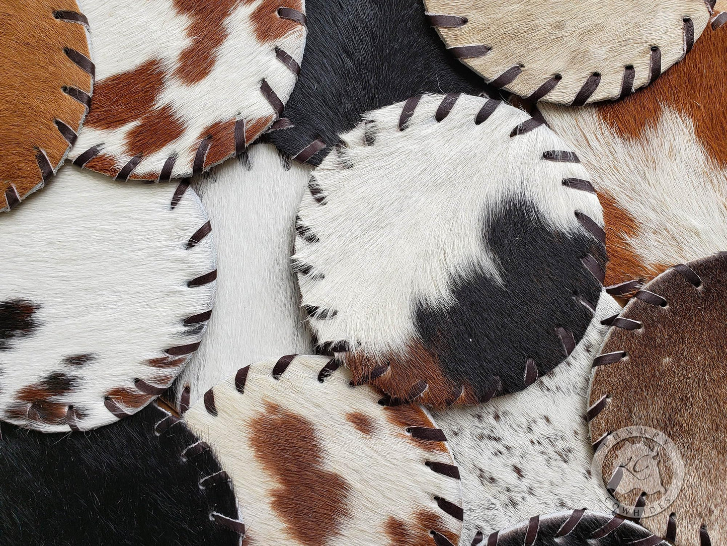 Sunshine Cowhides Natural Cowhide Coaster - 4.5" Round Assorted Tones Genuine Leather Coasters for Coffee Table, & Dining Tables, Ideal Cow Print Kitchen Accessories for Home & Office - Set of 8