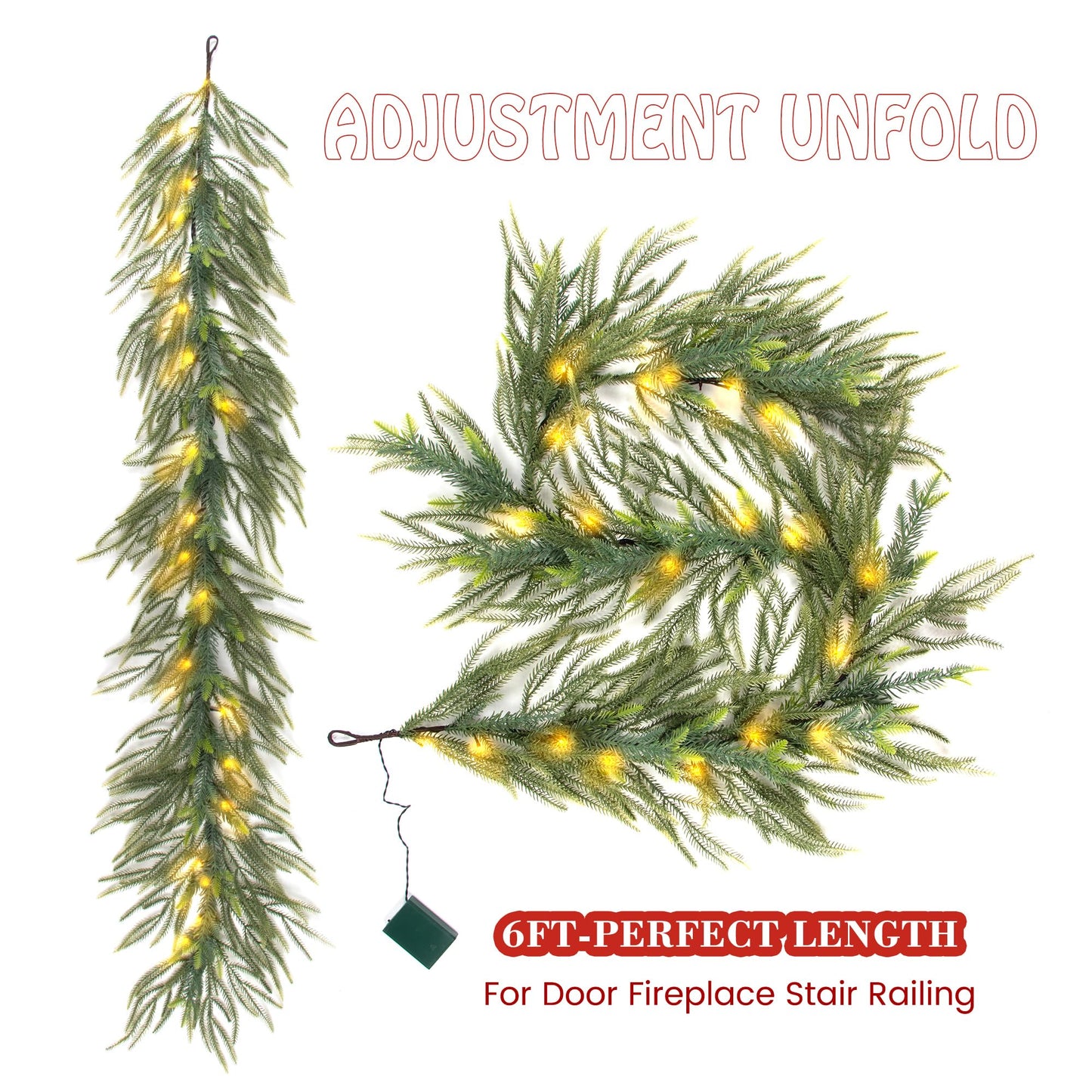MINDELF 6 FT Artificial Christmas Norfolk Pine Garland, Real Touch Pine Garland with 20 LED Lights, Mixed with Noble Fir, ‌Heavier and Larger, Timer, Perfect for Table Window Mantel Indoor Outdoor