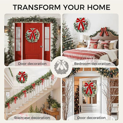 Pinkpum Lighted Christmas Wreath for Front Door Decor 16.5" Green Winter Wreath with LED String Lights for Home Wall Window Porch Farmhouse Indoor Outdoor Decorations Berries Pine Cones Bow 1 Pack