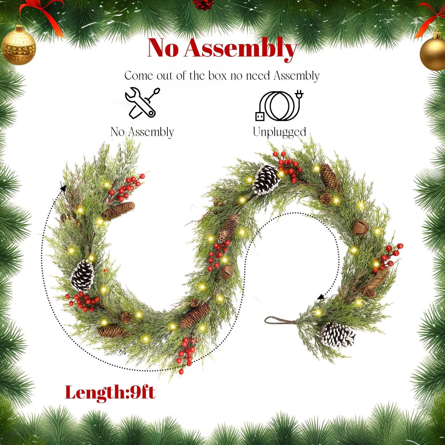 9FT Christmas Cedar Garland with Lights,Artificial Realistic Battery Operated Green Garland Christmas Decorations for Home Mantel Stairs Railing Dining Table Winter Decor