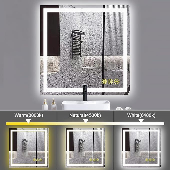 Wall-Mounted LED Square Bathroom Mirror, Makeup Mirror (36 inches x 36 inches,) 3 Color Stepless Dimmable Memory Bathroom Vanity Mirror with Lights CRI90 Smart Mirror with Touch