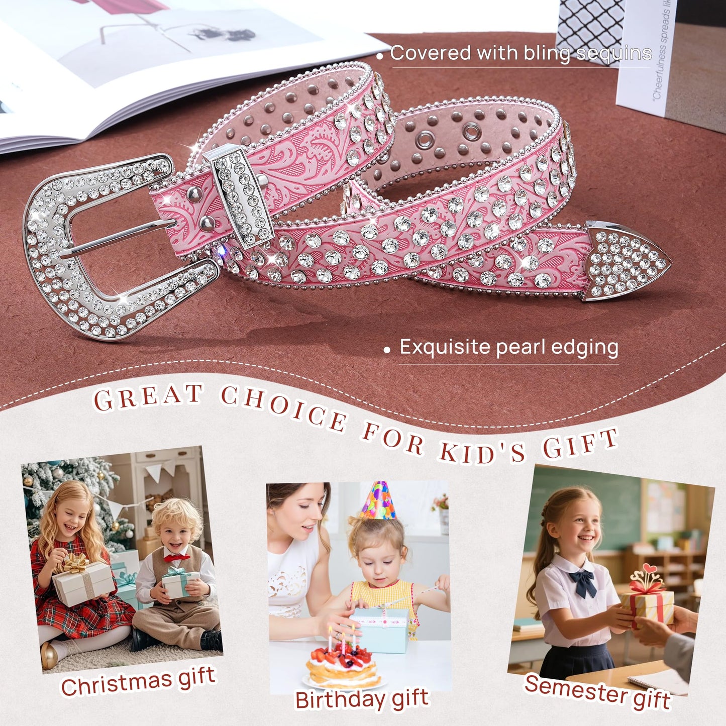 AWAYTR Kids Rhinestone Western Belt -Sparkly Cowboy Cowgirl Belt for Horse Shows School Plays Daily Jeans (#1-Pink, Fit Waist: 25"-29")