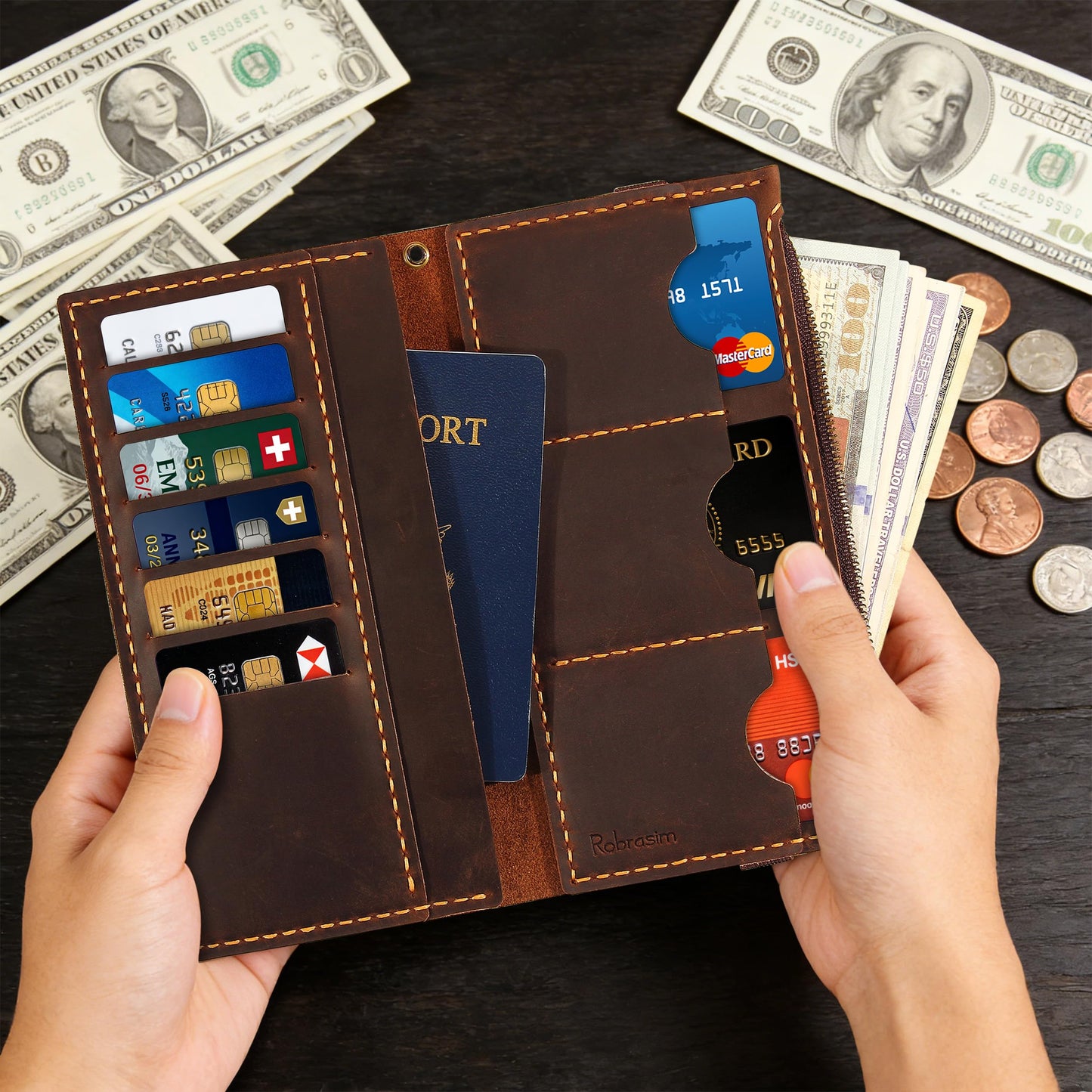 Robrasim Leather Wallet for Men and Women, Handmade Detachable Chain Wristlet Long Bifold Clutch with Large Capacity Zipper Coin Pocket (Coffee, 7.87"x4.17")