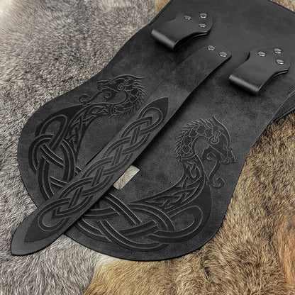 HiiFeuer Viking Embossed Langskip Belt Pouch, Medieval Faux Leather Flap Saddle Side Bag Purses, Retro Portable Belt Bag (Black A)