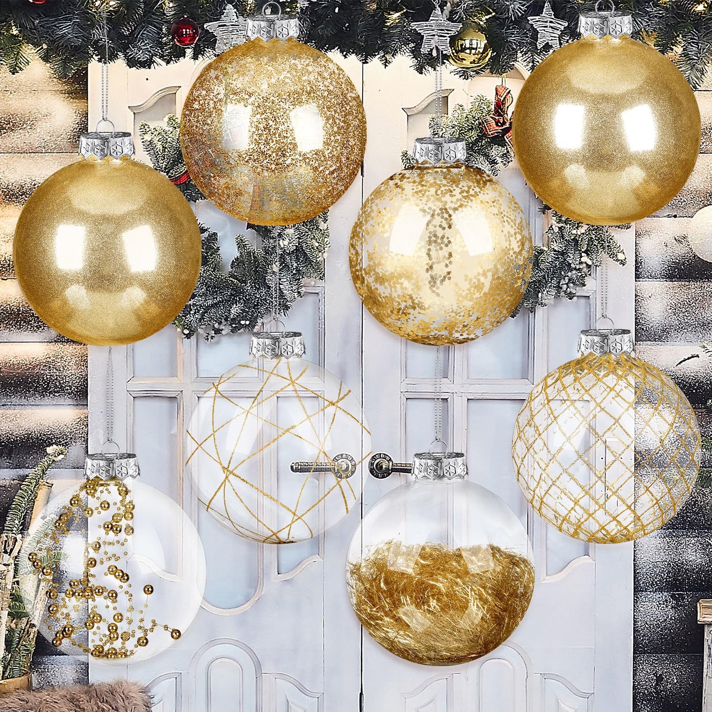 Wettarn Set of 8 Transparent Large Christmas Ball Ornaments 6 Inch Glitter Hanging Plastic Balls Christmas Tree Decorations for Lawn Yard Party with Exquisite Filling Decoration (Charming Gold)