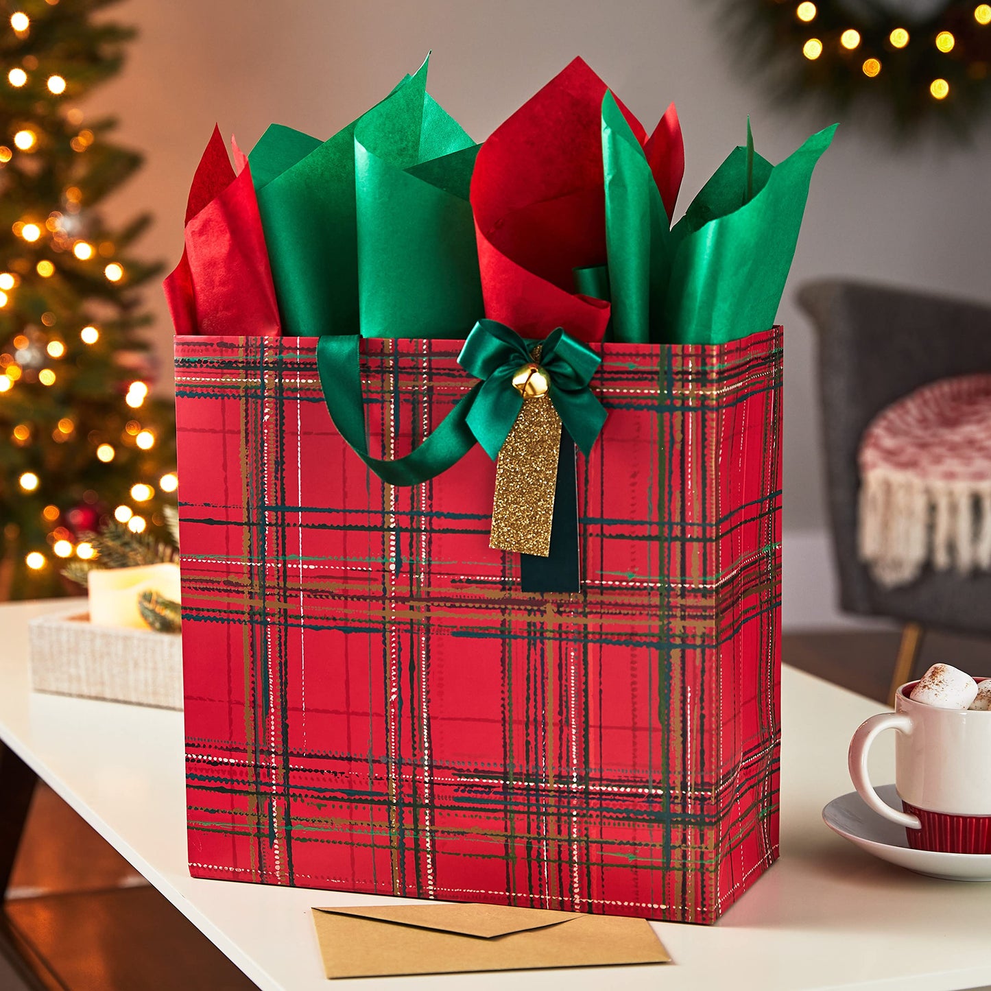 Hallmark Signature 12" Extra Large Square Christmas Gift Bag with Tissue Paper (Red Plaid with Bow and Jingle Bell)