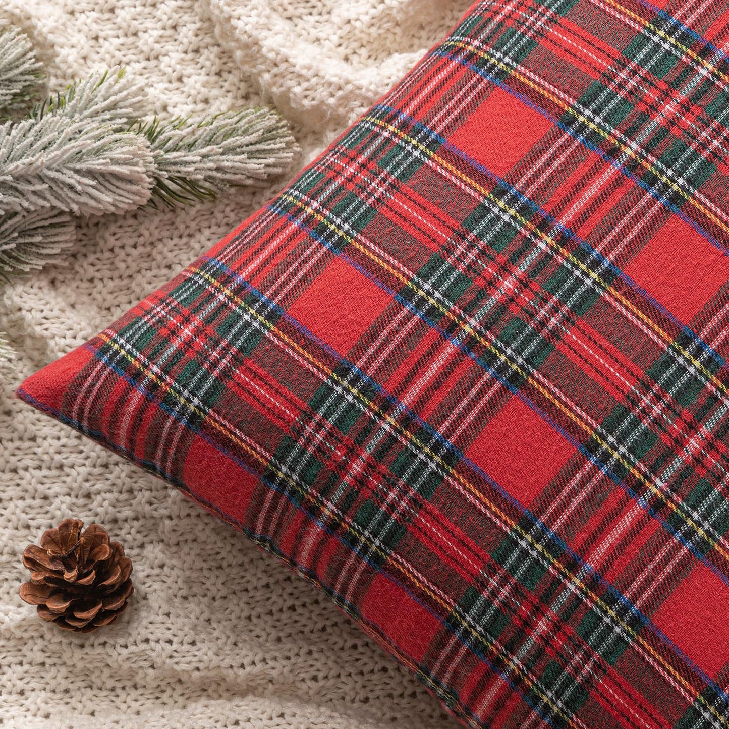 MIULEE Christmas Set of 2 Scottish Tartan Plaid Throw Pillow Covers Farmhouse Classic Decorative Outdoor Square Cushion Cases for Home Decor Sofa Couch 18x18 Inch, Red