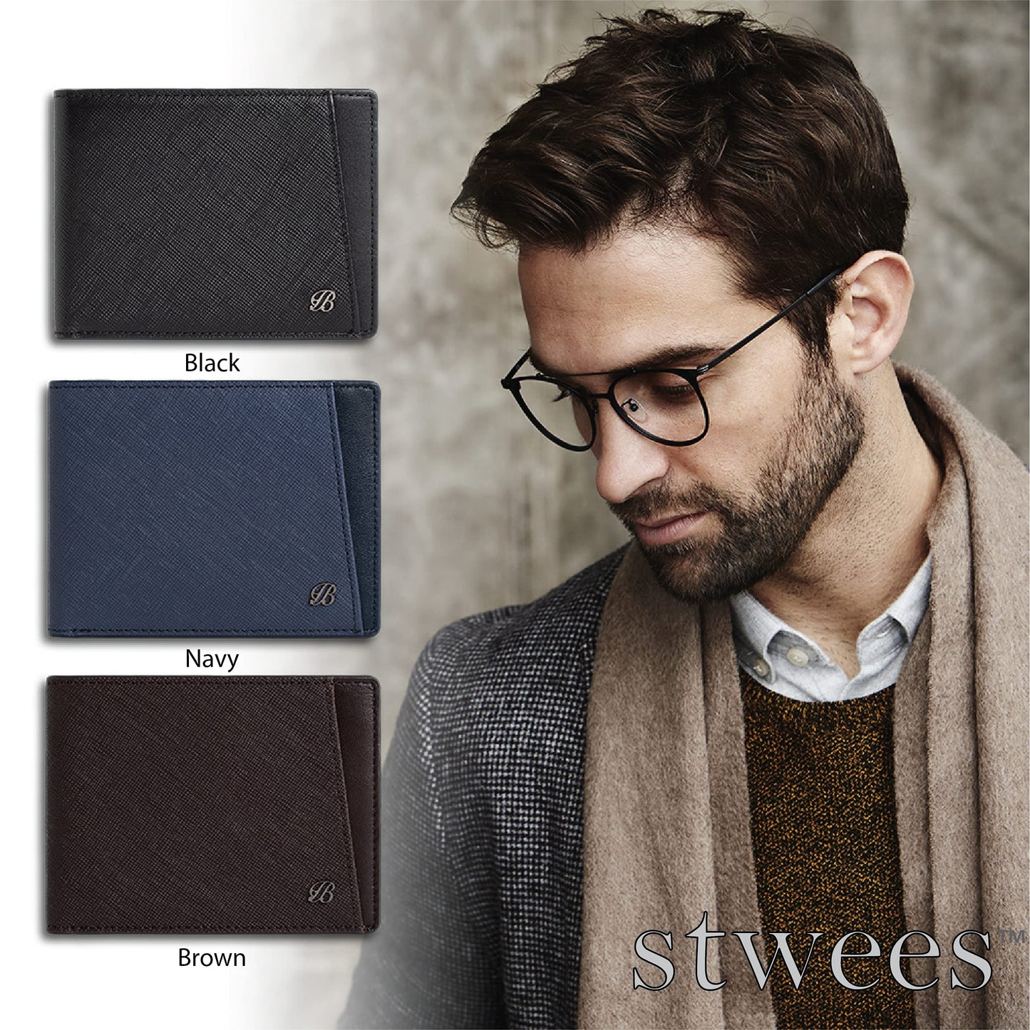 Maskfactory stwees bifold leather wallets - Ultra slim, RFID, Front pocket, slim, ID window (Pocket style B, Black)