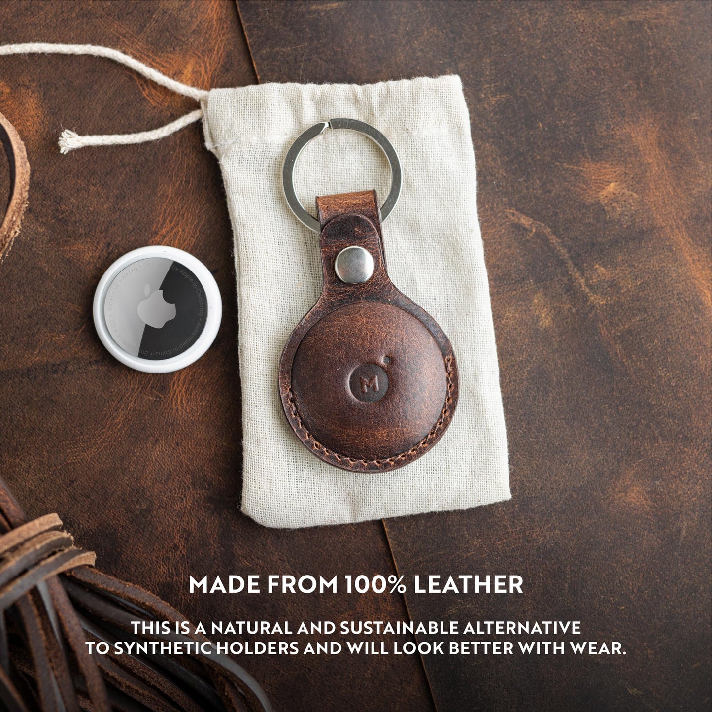 moonster Genuine Leather AirTag Keychain Holder for Apple Air Tag, Full-Grain Buffalo Leather AirTag Holder with Key Ring, Reinforced Stitching and Snap Closure (4 Pack)