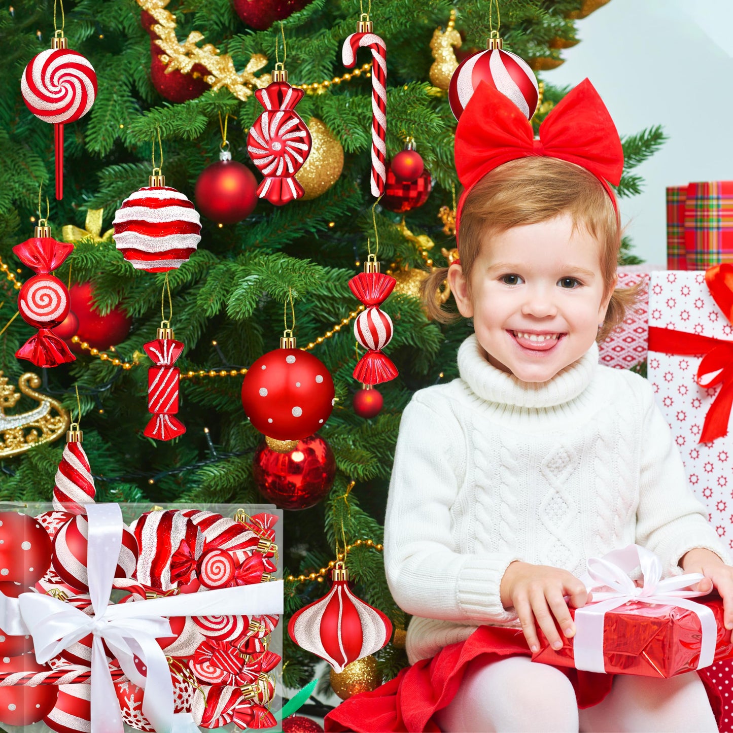Christmas Ornaments Candy Lollipop Set -48Pcs for Xmas Tree Decoration Hanging Plastic Gloss Candy Canes Ball Pendants for New Year Home Decor Party Supplies (Red)