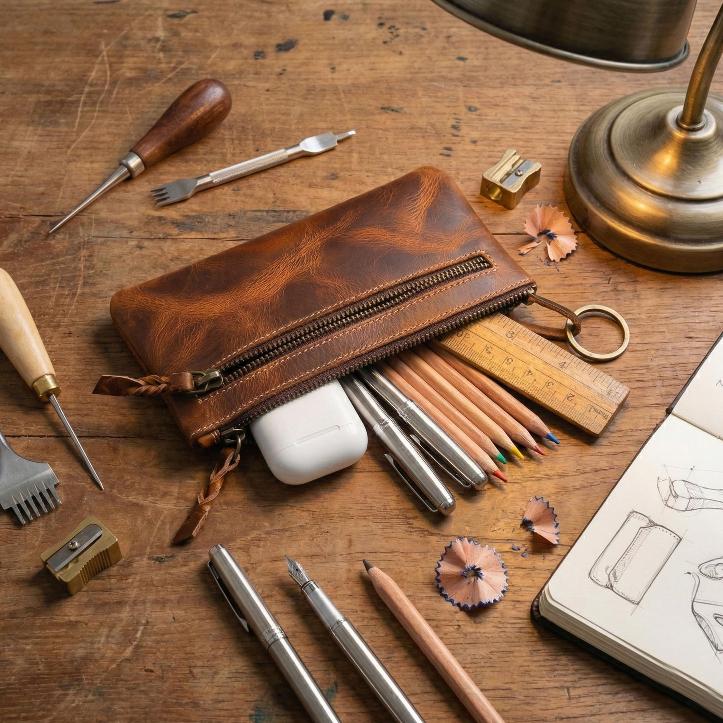 LEATHER TOWN Leather Pencil Case Pouch 8" x 4" - Leather Pen Case with Zipper (Brown)