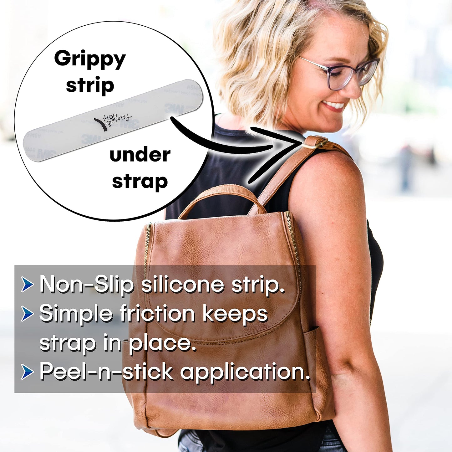 Strap Gummy - Stop Strap Slips - the ORIGINAL Shoulder Strap Grip Non Slip Strips - Set of 6 pieces, Semi-Clear
