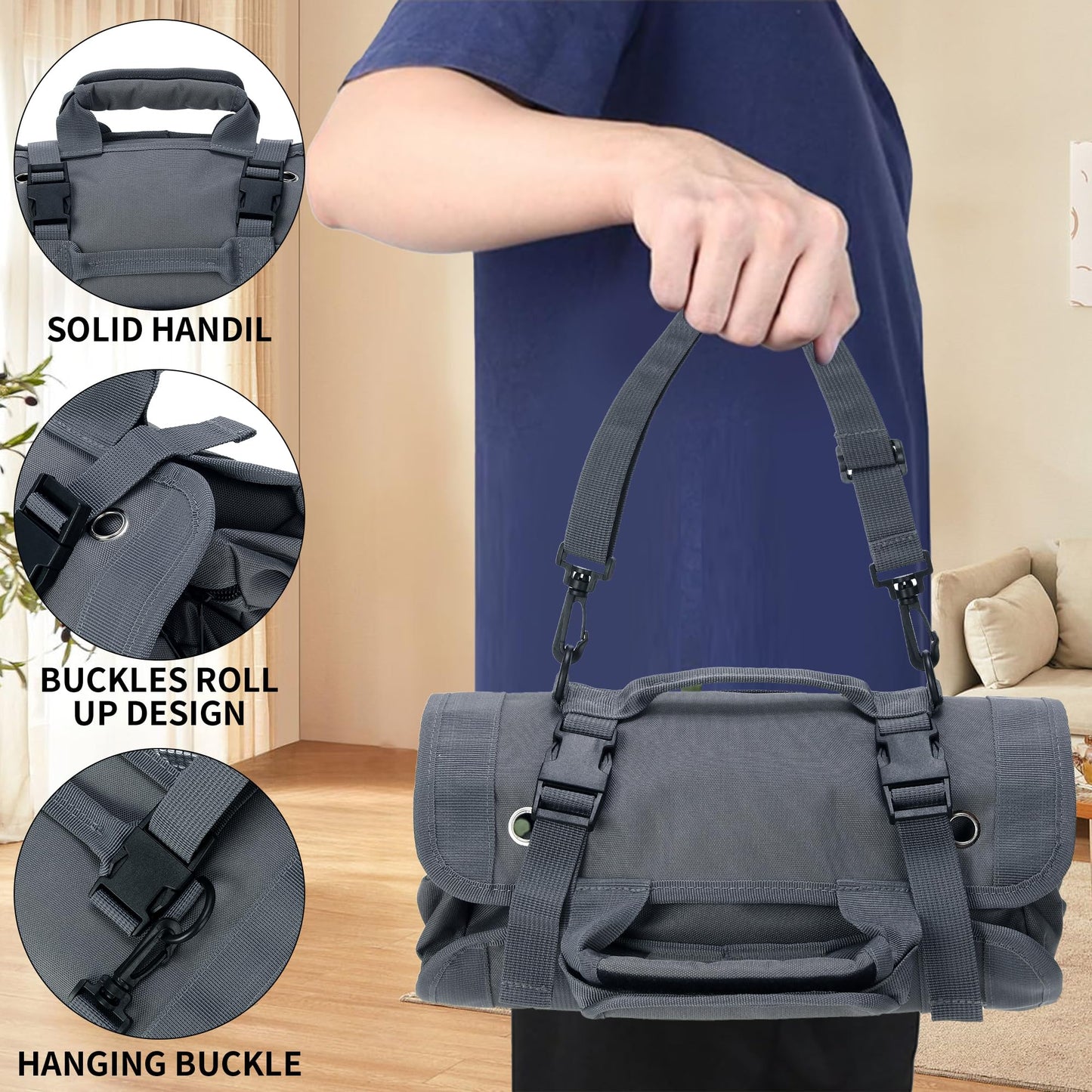 W WINTMING Tool Roll Bag, Tool Bag Organizer, Tool Carrier Roll UP Storage Pouches with 6 Zipper Pockets & Strap, Gifts for Men Mechanic Electrician Hobbyist (Gray)