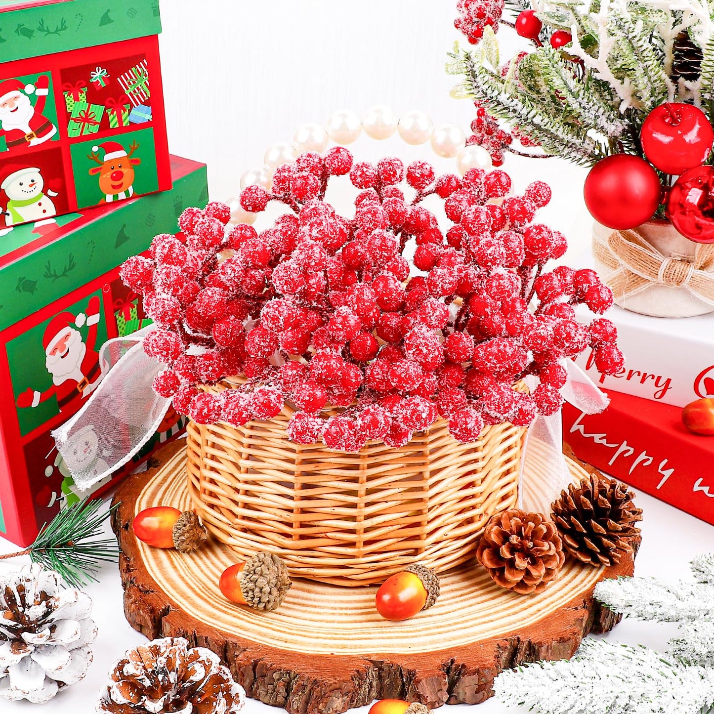 Fangoo 20 Pack 7 Inch Artificial Red Berry Picks for Christmas Tree Burgundy Red Berries Stems Holly Berry Branches Ornaments Wreath Crafts Wedding Holiday Season Winter Home Decor (Sprays Snow Red)