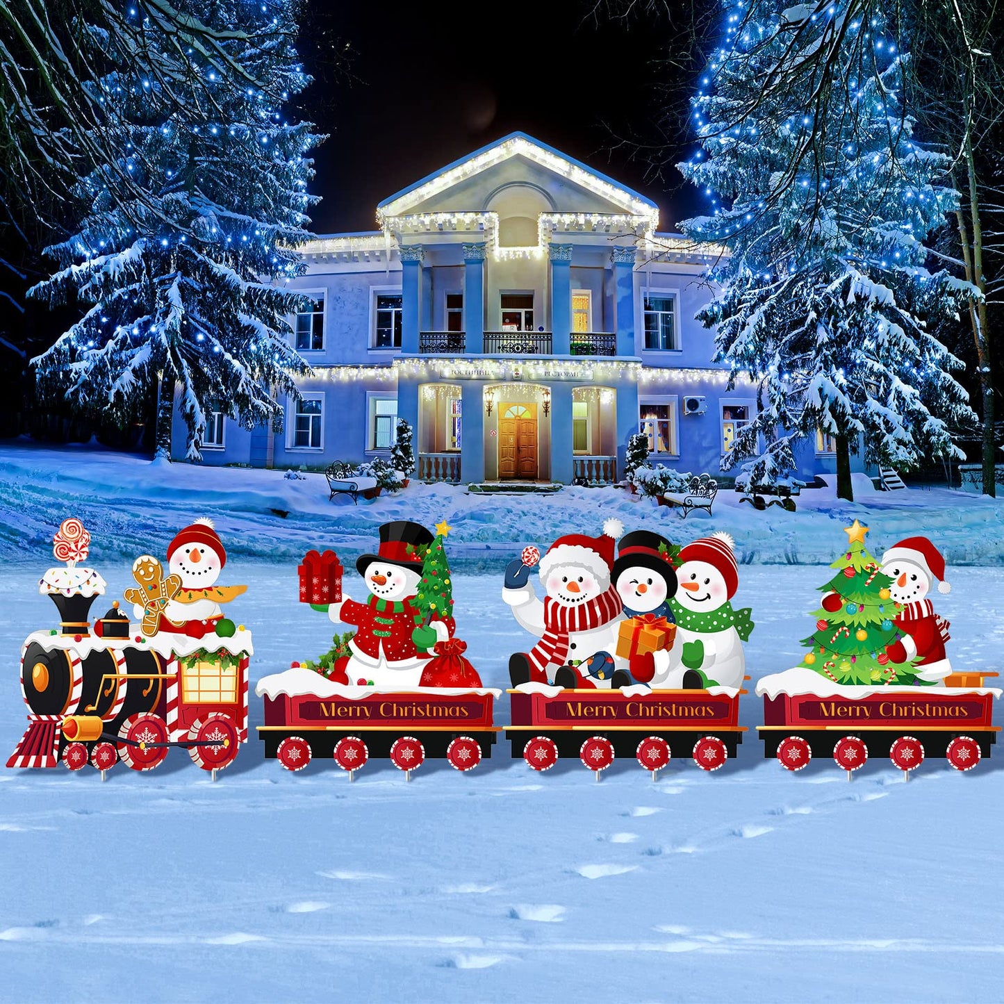 Marsui 4 Pieces Christmas Train Decorations Outdoor Yard Lawn Signs Christmas Tree Gingerbread Santa Snowman Reindeer Train with 8 Stakes for Xmas Holiday Outside Garden Lawn Yard Decor