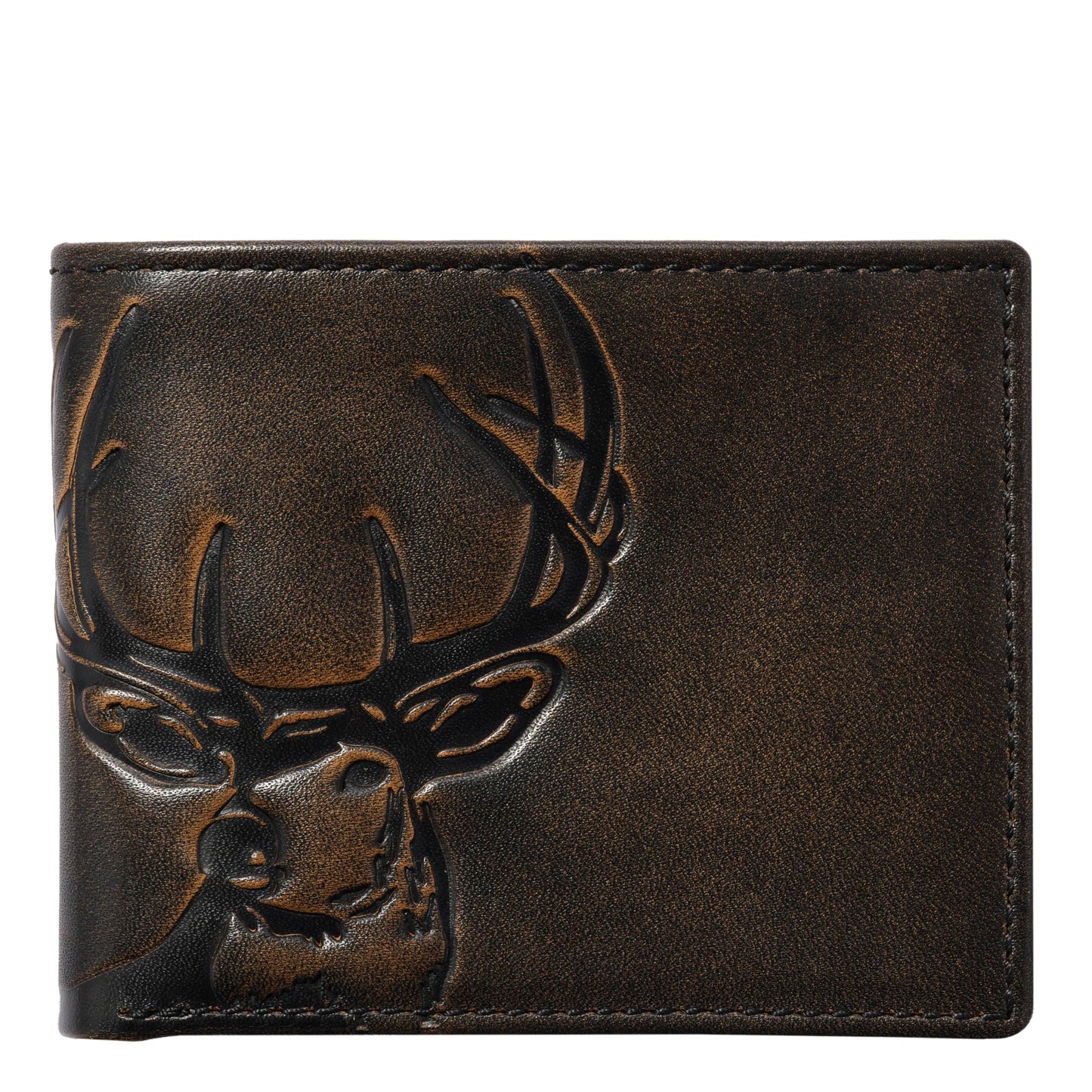 House of Jack Co. Deer Men's Double ID Bifold Wallet, Full Grain Leather Hunting Wallet, 2 ID Windows, 10 Card Slots, Camo Lining, Embossed Whitetail Deer, Hunter Gift for Men, Black