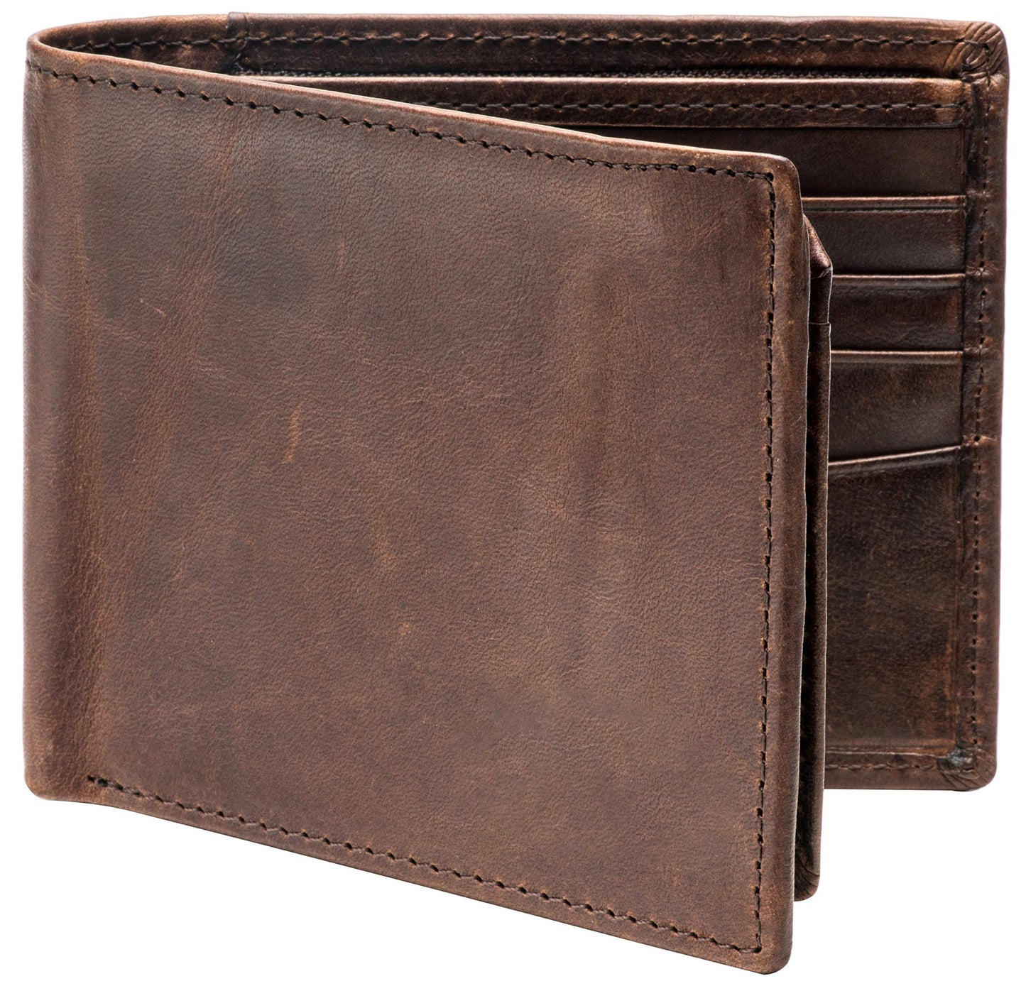 Plinvo Real Leather RFID Blocking Genuine Real Leather Bifold Wallet for Men with Zipper and 2 ID Windows (Brown)
