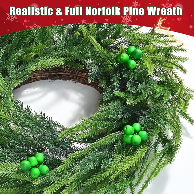 24 Inch Christmas Wreaths for Front Door, Real Touch Norfolk Pine Wreath Large Christmas Wreath with Lights, Winter Wreaths Christmas for Outdoor Indoor Windows Xmas Decor