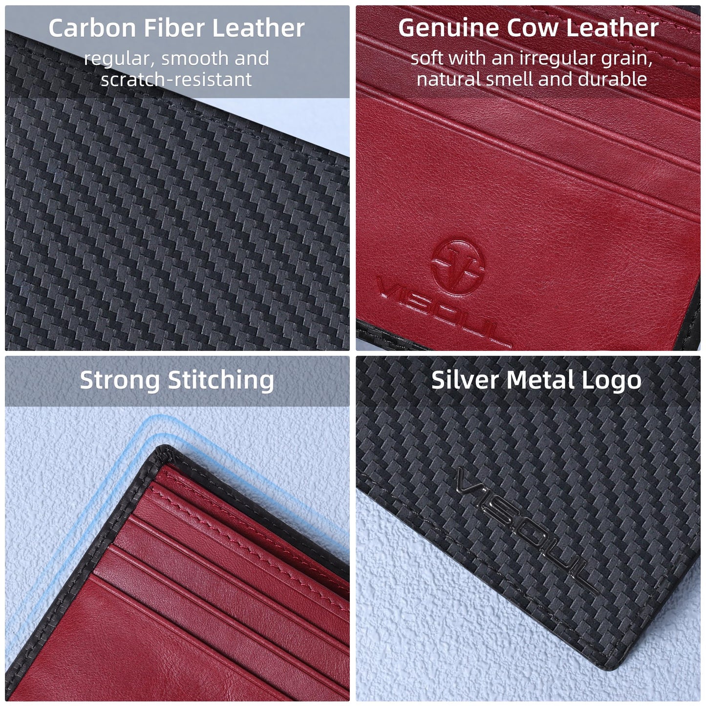 VISOUL Wallet for Men with 2 ID Windows 8 Credit Card Slots 2 Cash Compartments, Carbon Fiber Leather Bifold Mens Wallet with RFID Blocking (Black+Burgundy)
