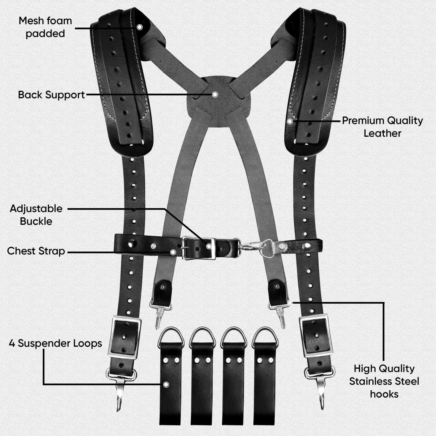FUERI Electrician's Heavy Duty 26 Pocket Leather-Nylon Tool Belt & Suspender Combo, Comfort Back Support Padded Belt, 2 Large Storage Capacity Pouches, Best for Framers, Carpenter, Roofing