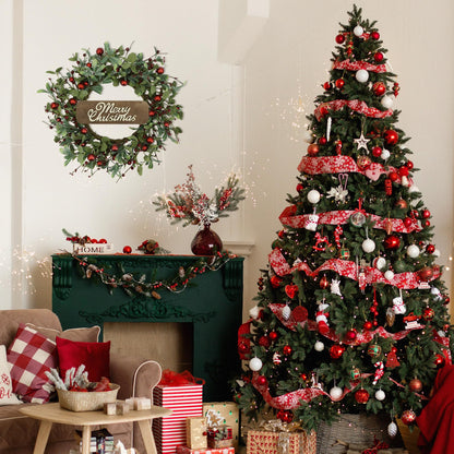 YNYLCHMX 20 Inch Christmas Wreath for Front Door, Winter Wreath with Welcome Sign Eucalyptus leaves Red Berry, Artificial Door Xmas Wreaths for Window Wall Fireplace Farmhouse Holiday Party Decoration