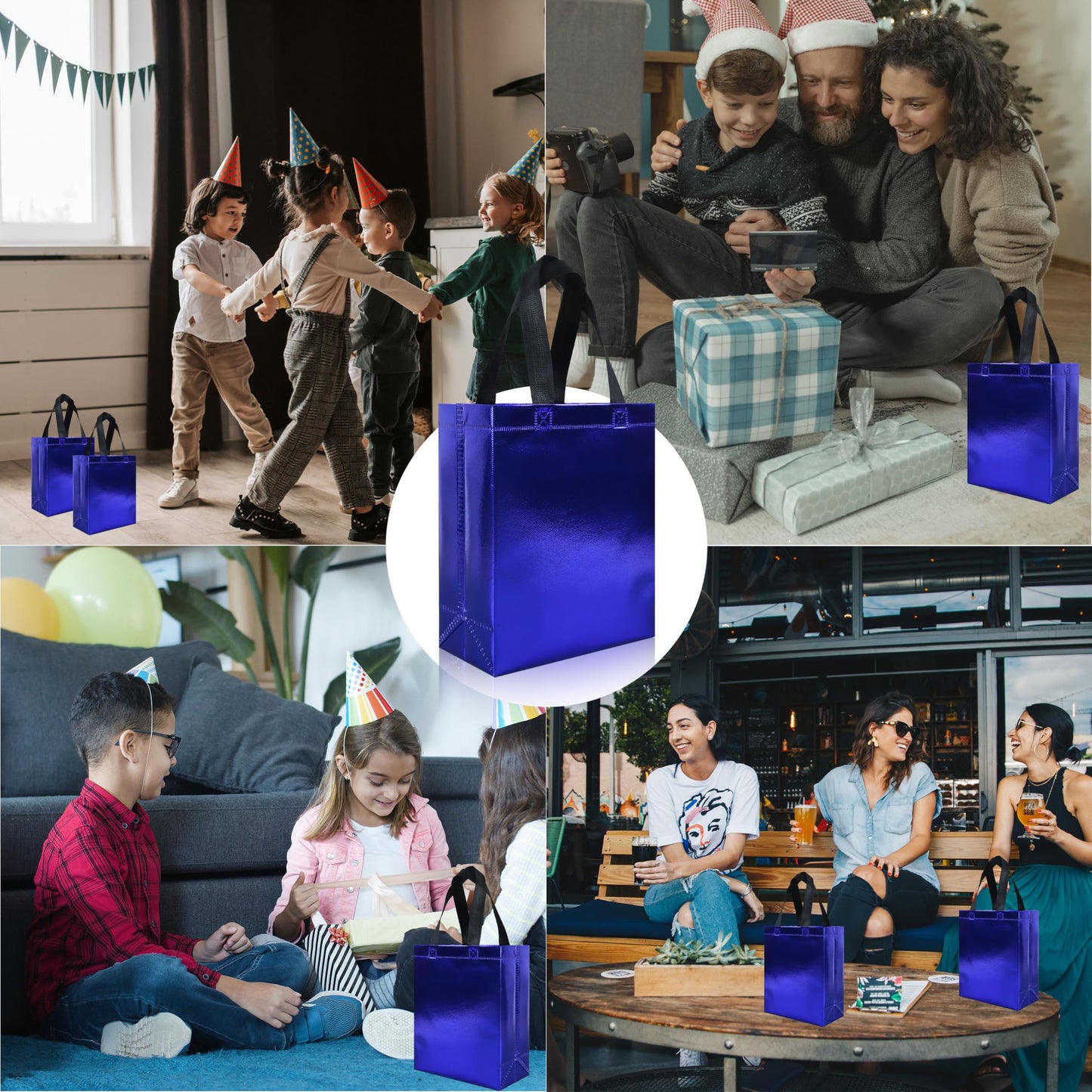 cabzymx 18 Pcs Glossy Blue Small Gift Bags, 8 x 3.9 x 9.8 In Reusable Goodie Bag Bulk with Sturdy Base, Non-woven Holiday Gift Bags for Birthday, Wedding, Party, Easter