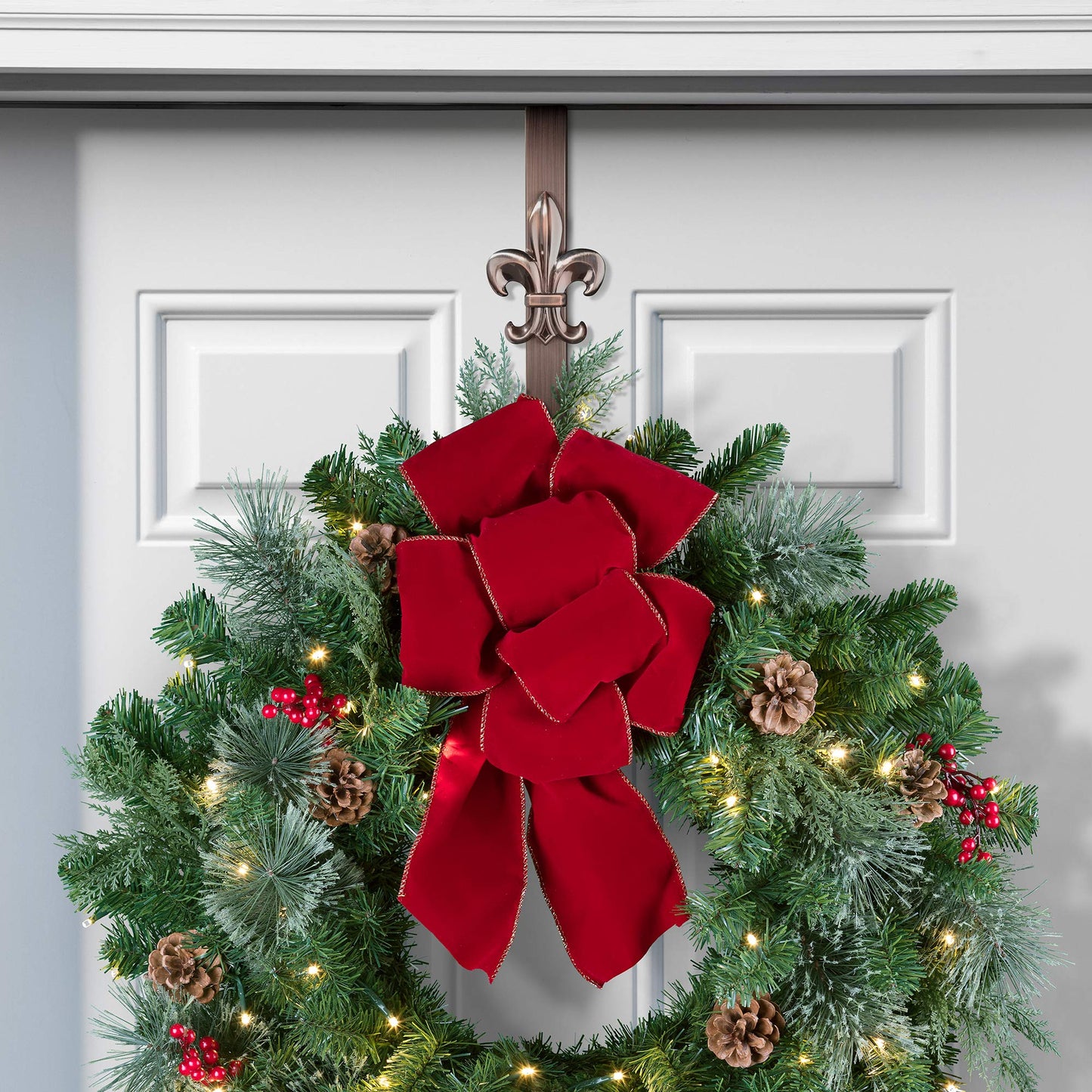 Haute Decor Adjustable Length Wreath Hanger with Removable Icon (Oil-Rubbed Bronze - Fleur De Lis) - Metal Over The Door Wreath Hanger for Front, Back, Interior Doors