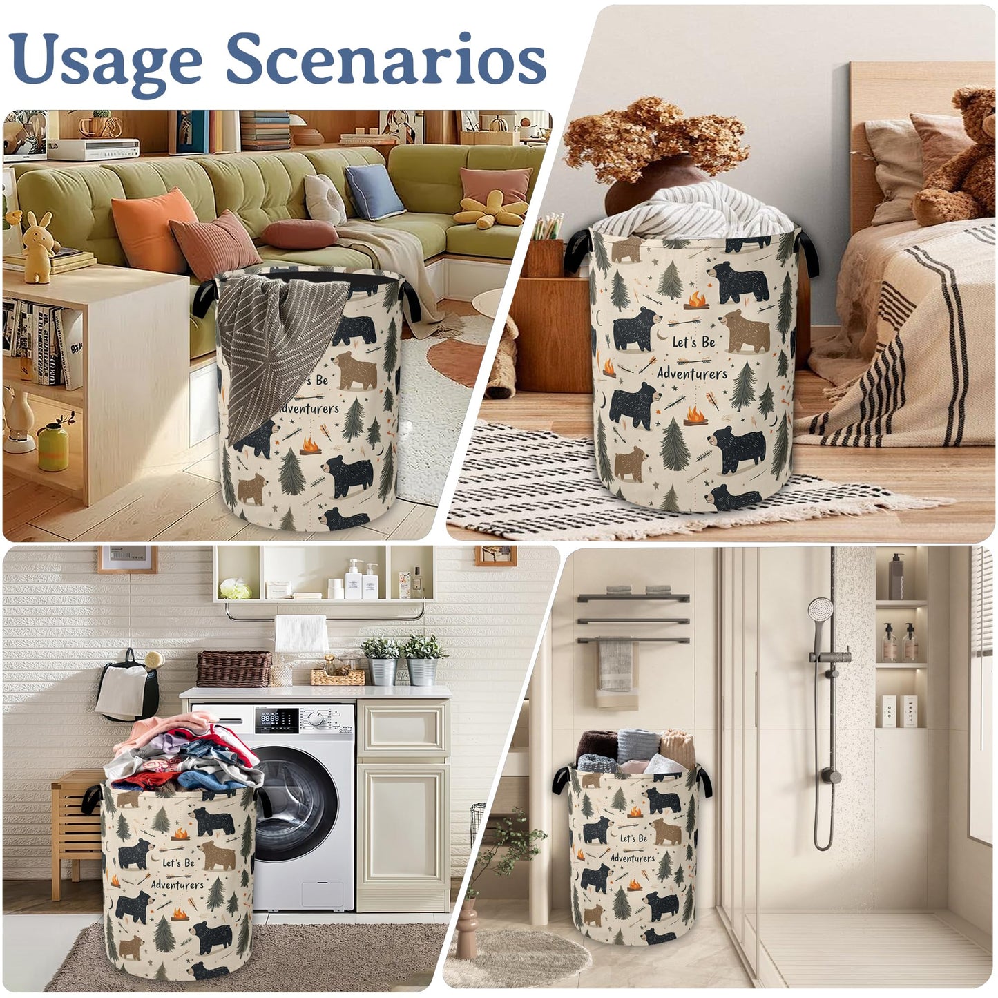 Funny Adventure Bear Forest Laundry Basket,Oxford Cloth Laundry Hamper With Handle Foldable Portable Clothes Storage Basket for Laundry Room/Bedroom/Bathroom 20.8"x16"