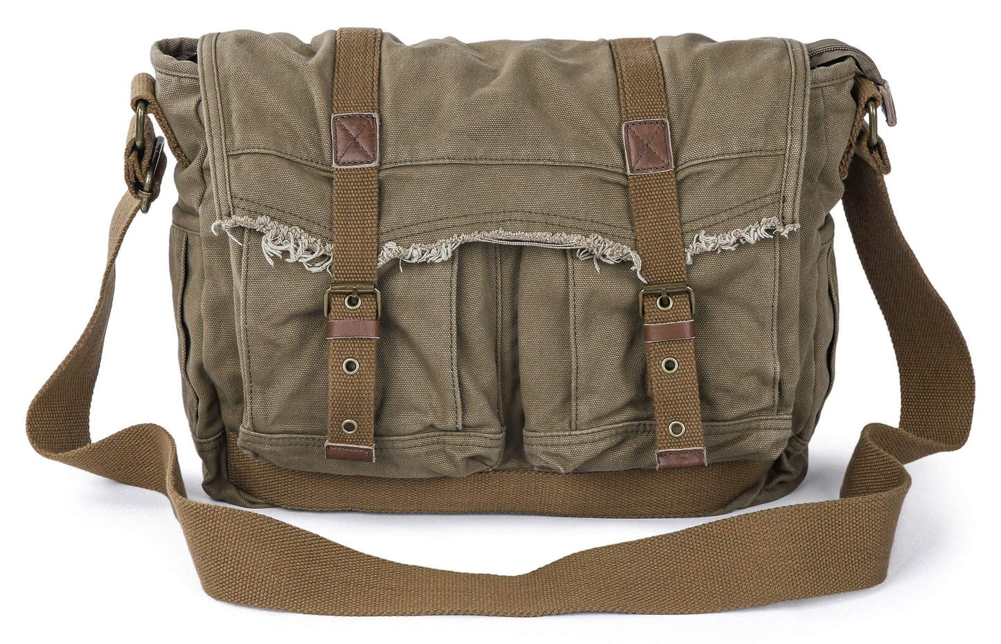 GOOTIUM Canvas Messenger Bag - Vintage Shoulder Bag Frayed Style Boho Purse, Field Tan
