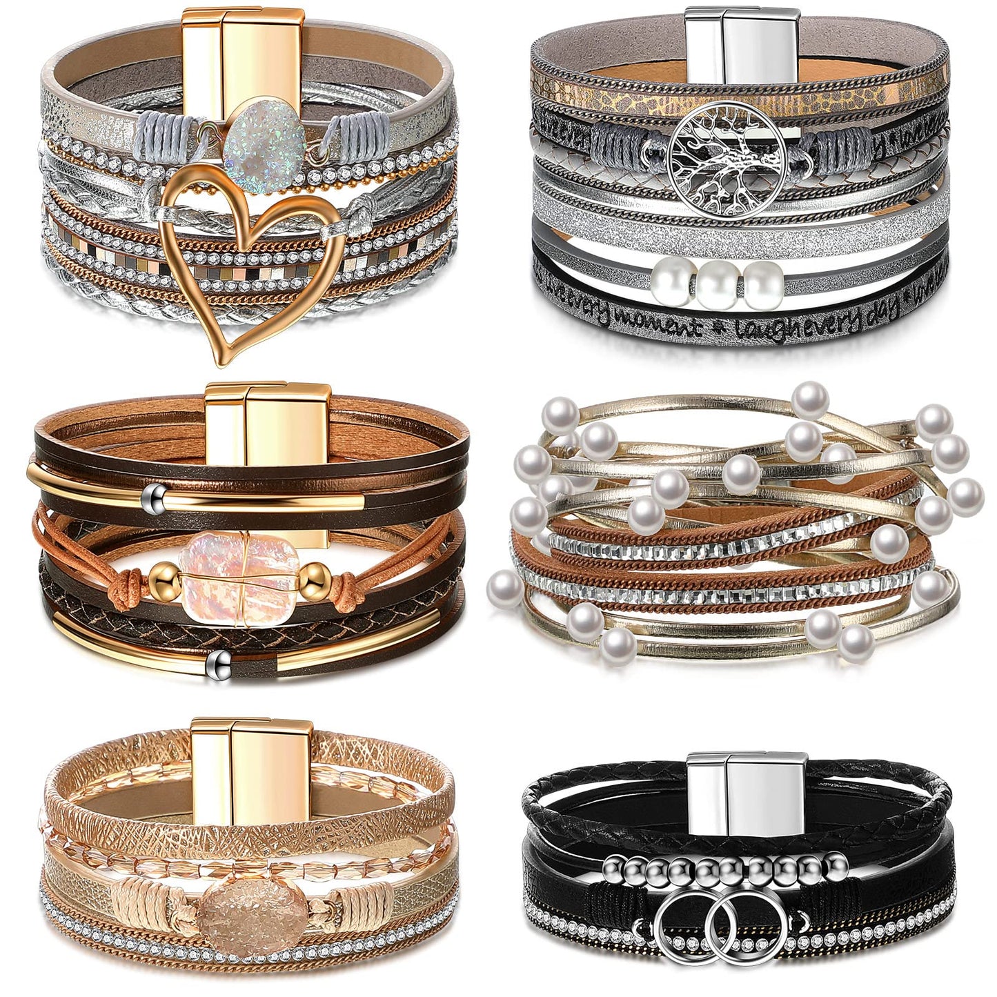 Yinkin 6 Pcs Boho PU Leather Wrap Bracelets for Women Stack Multi Layer Bohemian Cuff Bracelets trendy Jewelry Gifts(Stylish)