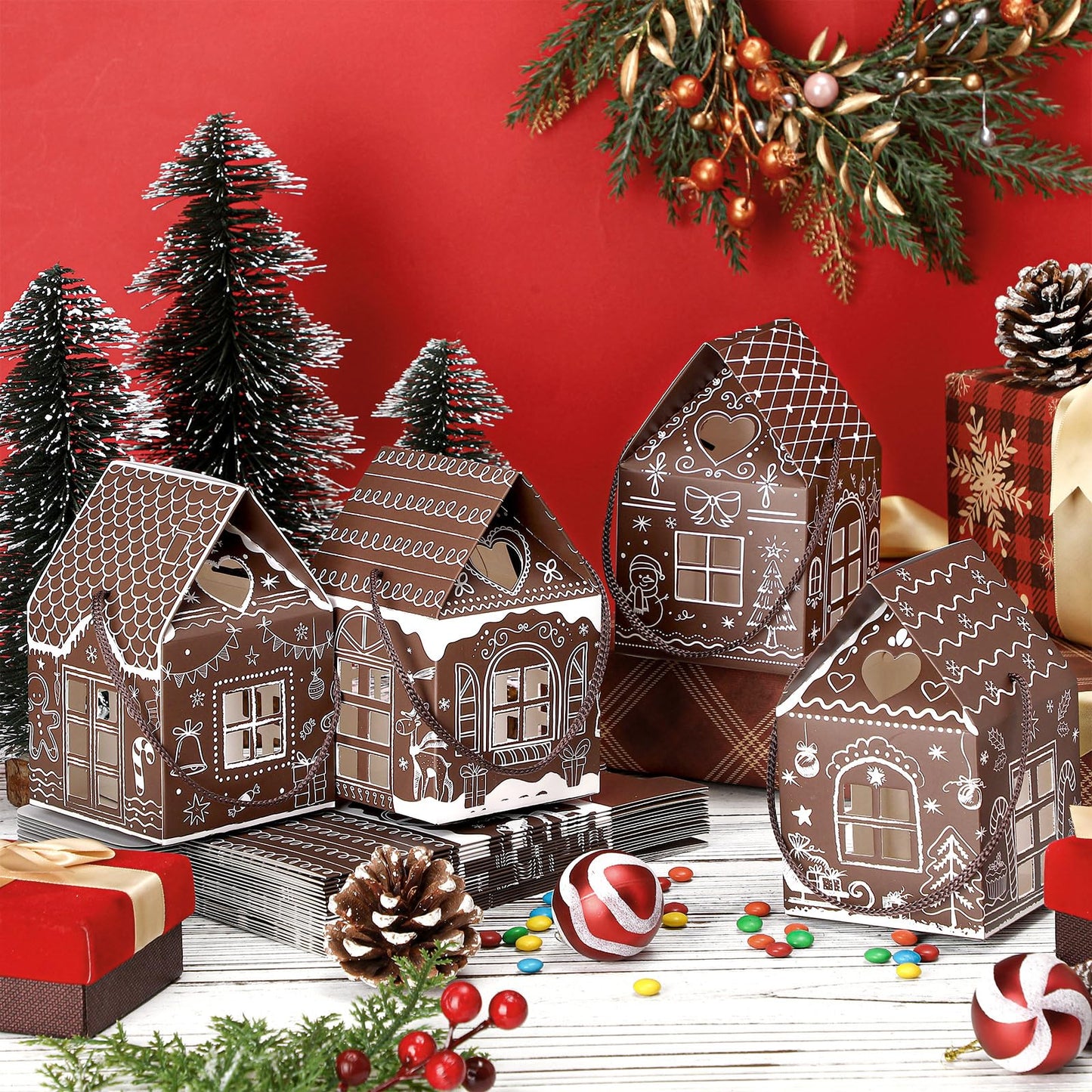 Gersoniel 24 Pcs Christmas Gift Boxes Candy Gingerbread House Mini Christmas Party Favor Box Small Paperboard Gift Container for Xmas Holiday Party Treat Cookie Goodie Snack Packaging (Dark Brown)