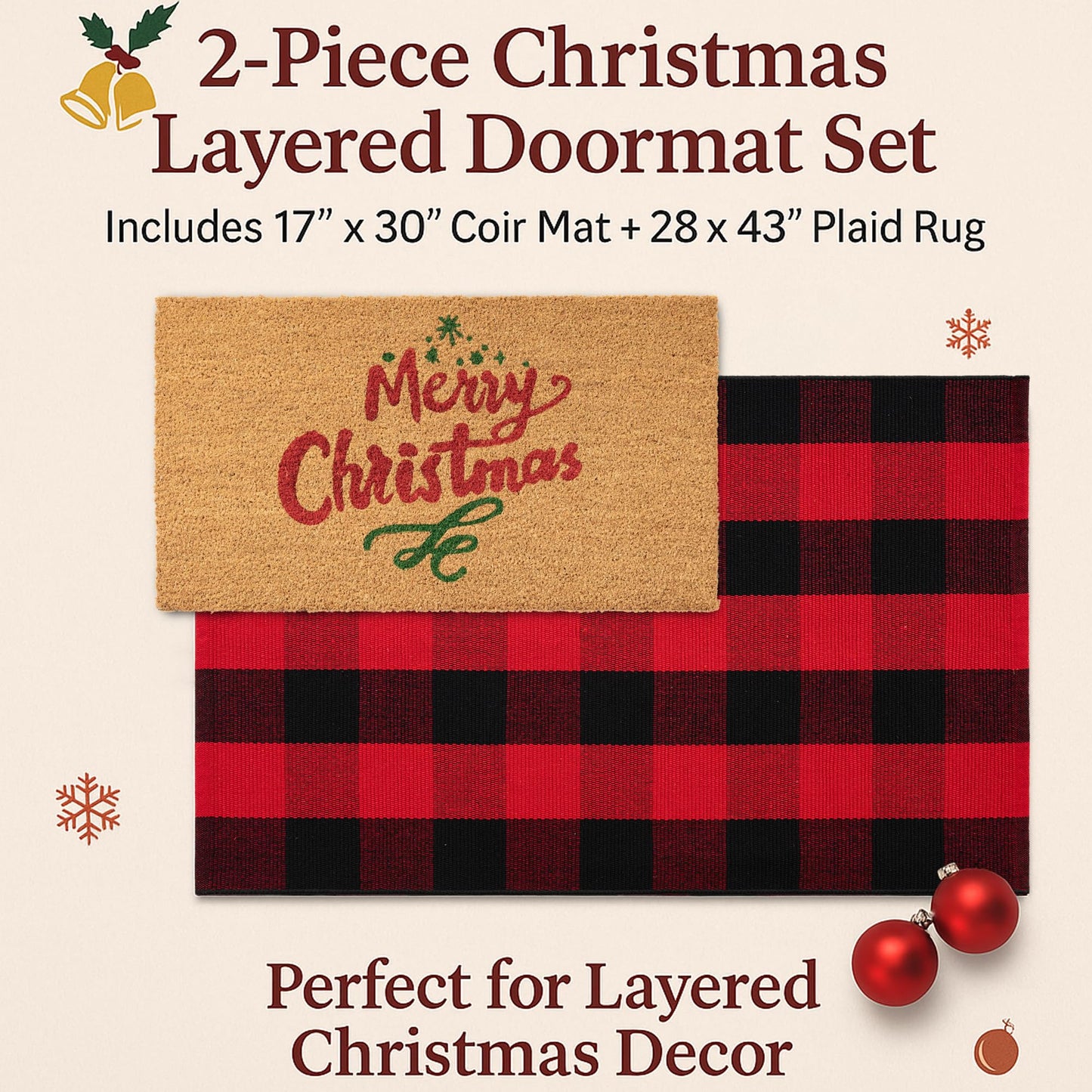 Christmas Door Mat Combo Set - 100% Coco Coir Welcome Mat + 28 x 43 Inch Red and Black Plaid Rug, New Year Holiday Christmas Collection Doormat for Front Porch Entryway Decor