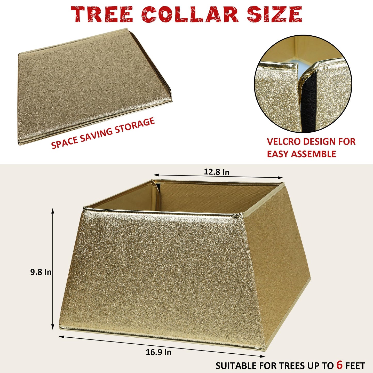 Blissun Fabric Christmas Tree Collar, Square Christmas Tree Ring, Glittering Willow Christmas Tree Skirt for Christmas Tree Decorations (Glitter Gold)