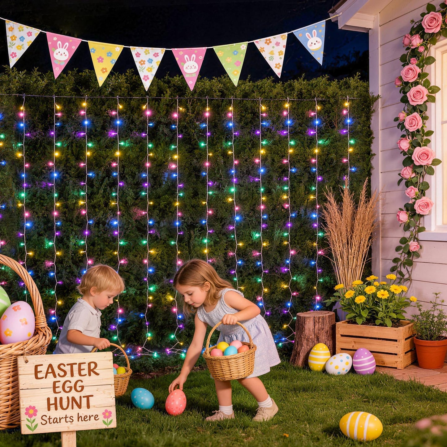 JMEXSUSS 300LED Easter Decorations Curtain Lights with Remote, 9.8x9.8ft Easter Sting Lights Plug in for Bedroom Wall Window Party Backdrop Porch Patio Garden Yard Indoor Outdoor Decor