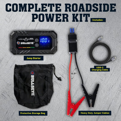 Bullseye Safety XL 1000A Car Battery Jump Starter Box with Jumper Cables, 12V Car Jump Starter Portable Booster for 6.0L Gas and 3.0L Diesel Engines, 1800 mAh Rechargeable, Reverse Polarity Protection